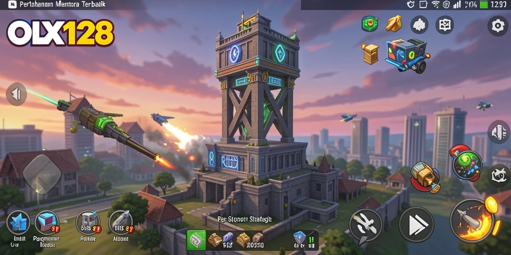 Screenshot gameplay OLX128 menunjukkan menara yang siap bertahan.
