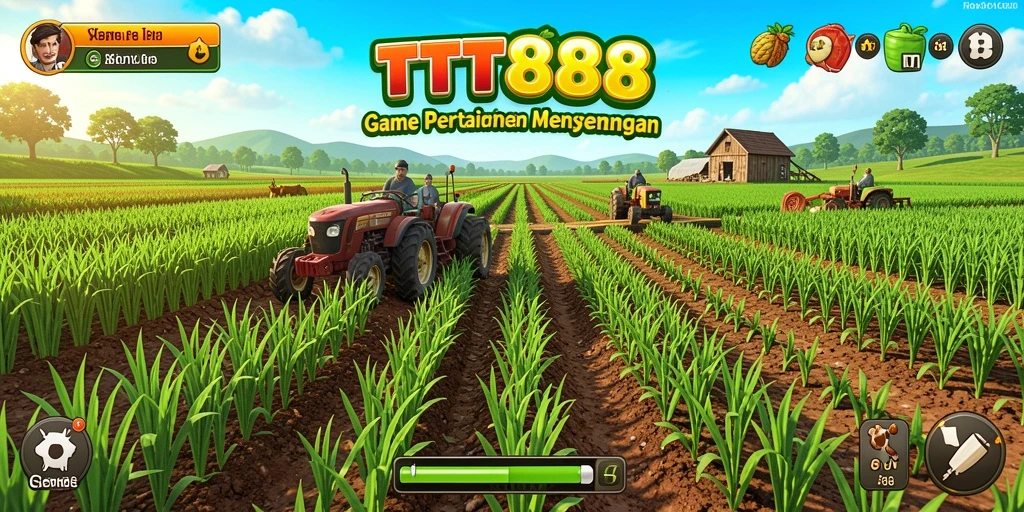 Screenshot gameplay TTT888 yang memperlihatkan kebun yang subur dan hewan peliharaan.