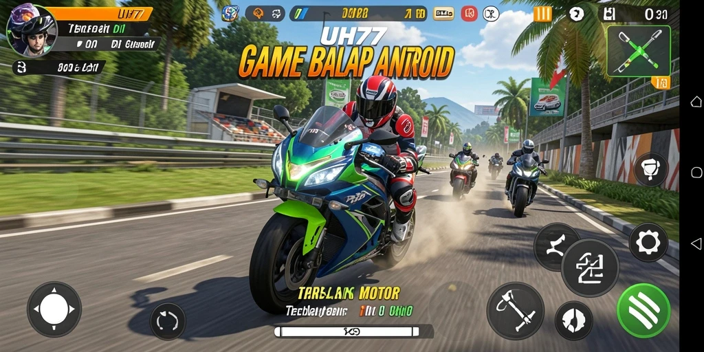 Tampilan gameplay UH77 dengan motor balap yang cepat dan trek menantang.