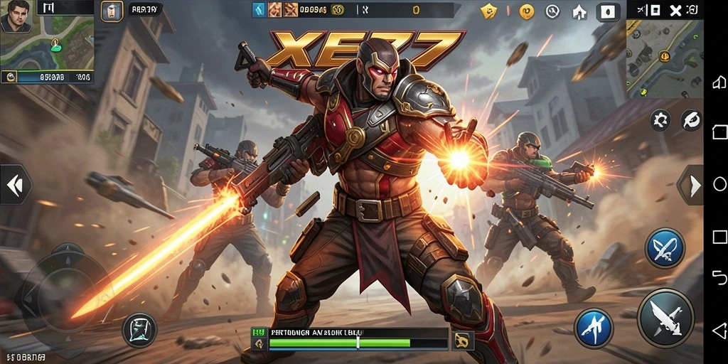 Screenshot gameplay XE77 menampilkan pertarungan aksi yang mendebarkan.
